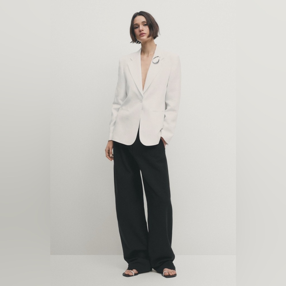 Massimo Dutti 100% Linen Black Wide-Leg Double Dart Pants/Trousers